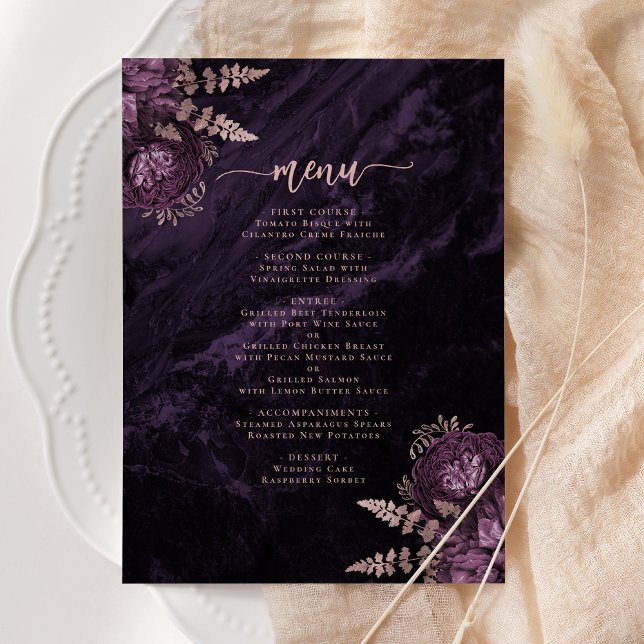 Menú Elegante Rosa de Oro Púrpura Floral Boda (Subido por el creador)