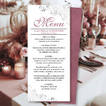 Menú Elegante Rosa de plata mojándose sobre Boda blanco<br><div class="desc">Este bonito menú le dará un toque de elegancia a la recepción de bodas. Cuenta con un bonito diseño con adornos de Relieve metalizado gris plateado y remolinos sobre un fondo blanco clásico, con un subió polvoriento o texto de color rosa malva y un dorso de mármol. Hay espacio para...</div>