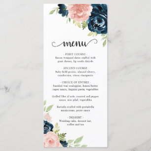 Menú Elegante Rosa Desvanecido Azul Marino Floral Boda