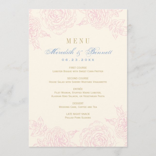 Menú Elegante Rosa Floral Rosa Borde Boda (Anverso)