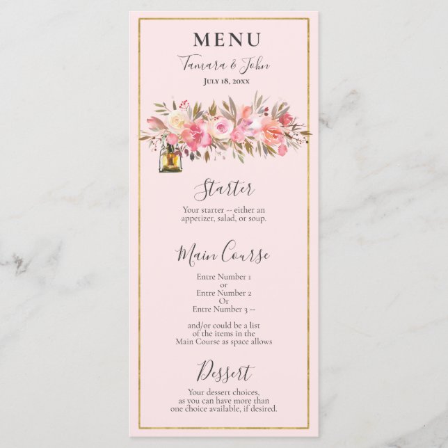 Menú Elegante Rosa Gold Floral Linternas Recepción (Anverso)