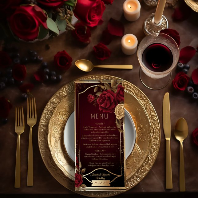 Menú Elegante Rosa Roja Oscura Borgoña y Boda Oro (Elegant Red Rose Burgundy and Gold Wedding Menu )