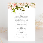 Menú Elegante Rosa Romance Boda<br><div class="desc">Se trata de una tarjeta de rack o un menú de recepción de bodas. Un diseño clásico y elegante, modernizado con un texto en monograma y la colocación de los rosas acuáticos y la vegetación para embellecer el menú de la recepción. Flores de estilo clásico moderno. Rosas blancas y rosas...</div>