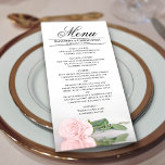 Menú Elegante rosa rosa rosado de Rubor con Boda de ref<br><div class="desc">Este bonito menú le dará un toque de elegancia a la recepción de bodas. El hotel presenta un diseño bonito y romántico con un único rosa rosa claro y rosa sobre su lado, reflejado en una piscina de agua con olas y olas. Hay espacio para los nombres de la pareja...</div>