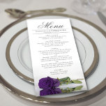 Menú Elegante Rosa Royal Purple con Boda de Reflexiones<br><div class="desc">Este bonito menú le dará un toque de elegancia a la recepción de bodas. Tiene un bonito y romántico diseño, con un único rosa de color púrpura real en su costado que se refleja en una piscina de agua con olas y olas. Hay espacio para los nombres de la pareja...</div>
