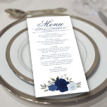 Menú Elegante Rosas de color azul Moda Boho Boda<br><div class="desc">Este bonito menú le dará un toque de elegancia a la recepción de bodas. Tiene un bonito diseño floral de moda boho con un conjunto de rosas acuáticos pintados a mano en tonos azul polvoriento, marina e índigo, además de brotes de hojas de eucalipto y vegetación. Hay espacio para los...</div>