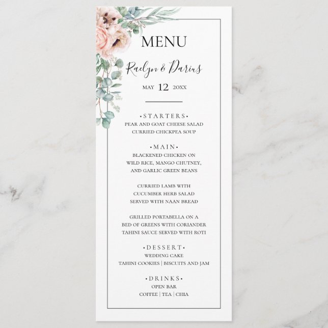 Menú Elegante Rubor Floral | Cena Boda de marco negro (Anverso)