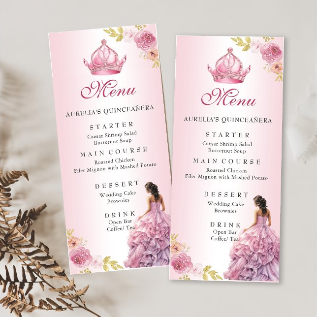 Menú Elegante Rubor Floral Rosa Quinceañera Cumpleaños (Subido por el creador)