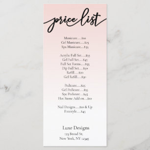 Menú Elegante Rubor Pink Nail Salon Price Cards