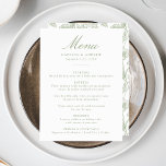 Menú Elegante Sage Chinoiserie Victoriano Boda Floral<br><div class="desc">Aumente su recepción nupcial con nuestro elegante menú de bodas de Chinoiserie floral Sage Green. Diseñado con una elegante caligrafía verde sabio sobre un fondo blanco limpio, este menú es totalmente personalizable con sus nombres, fecha boda y detalles del menú. El reverso presenta un magnífico sage, decorado con motivos florales...</div>