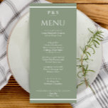 Menú Elegante Sage Green Simple Monograma Boda<br><div class="desc">Un elegante menú de moda minimalista azul marino y blanco boda de  verde claro para la cena. Que presenta el diseño de plantillas de moda de fondo verde sabio y tipografía blanca . Y monograma o iniciales en la parte superior y franjas blancas en la parte inferior y superior.</div>