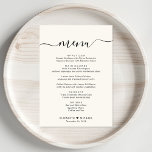 Menú Elegante Script Cream Wedding<br><div class="desc">Elegante menú de cena de la recepción de bodas con crema clara con "menú" en un guión de caligrafía de moda con toques,  menú personalizado en una simple tipografía moderna,  nombres unidos por un corazón y fecha de recepción.</div>