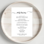 Menú Elegante Script Wedding Recepción<br><div class="desc">Elegante menú de cena de la recepción nupcial con "menú" en un guión de caligrafía de moda con toques,  menú personalizado en tipografía simple,  nombres unidos por un corazón y fecha de recepción.</div>