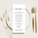 Menú Elegante Script Wedding Recepción<br><div class="desc">Elegante menú de recepción de bodas con "menú" en un elegante guión de caligrafía con chispas,  menú personalizado en tipografía simple,  y nombres unidos por un corazón y fecha de recepción.</div>