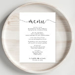 Menú Elegante Script Wedding Recepción<br><div class="desc">Elegante menú de cena de la recepción de bodas con "menú" en un elegante guión de caligrafía con toques,  su menú en una tipografía sencilla y moderna,  sus nombres unidos por un corazón y la fecha de recepción.</div>