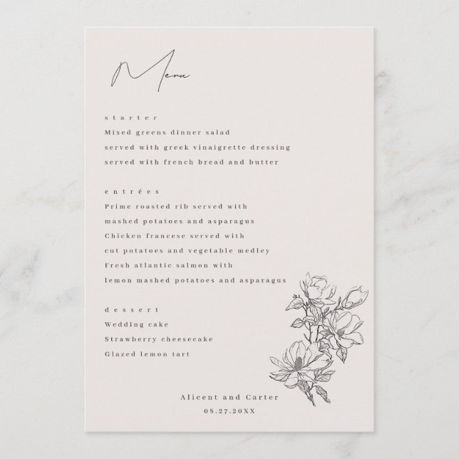 Menú Elegante Sencillo Con Flores De Arte De Líneas Y B (Anverso)