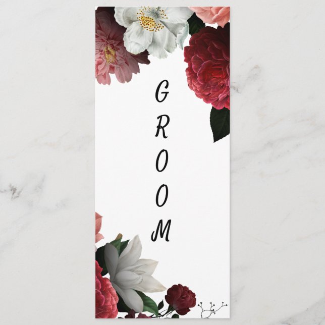 Menú Elegante silla reservada de flores borgoñas y rosa (Anverso)