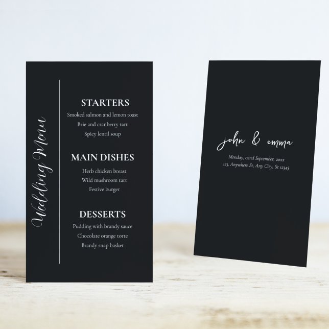 Menú Elegante tema Boda blanco y negro (Food is the one that makes your guests remember you most, use this theme wedding menu card)