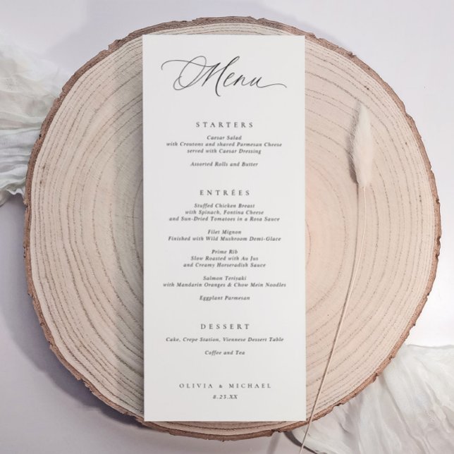Menú Elegante tipografía Boda negro y blanco (Elegant wedding dinner menu cards. Modern romantic typography / calligraphy. Centered text.)