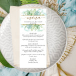 Menú Elegante vegetación, acuarela azul turquesa verde<br><div class="desc">Relájese con esta elegante tarjeta de menú. El diseño es independiente, con un diseño único con fondo acuático y detalles verdes en una mezcla de tonos turquesa, acuático, azul polvoriento y verde. Detalles de caligrafía escrita a mano y elementos de oro. De vuelta en un elegante tono turquesa. También disponible...</div>