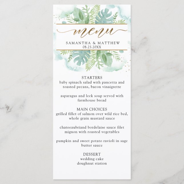 Menú Elegante vegetación, color verde pálido y acuarela (Anverso)