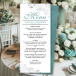 Menú Elegante Verde azulado con remolinos plateados sob<br><div class="desc">Este bonito menú le dará un toque de elegancia a la recepción de bodas. Cuenta con un bonito diseño con unos adornados rizos de Relieve metalizado gris plateado y remolinos sobre un fondo blanco clásico, con texto de color verde azulado o turquesa y una espalda de mármol. Hay espacio para...</div>