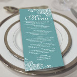 Menú Elegante Verde azulado o Boda de Aqua y Curlos Bla<br><div class="desc">Este agradable menú verde azulado, turquesa o de color oscuro le dará un toque de elegancia a la recepción nupcial. Presenta un diseño sencillo y hermoso con elegantes letras de guión y adornos de rizos blancos decorativos y remolinos en las esquinas. Hay espacio para los nombres de la pareja y...</div>