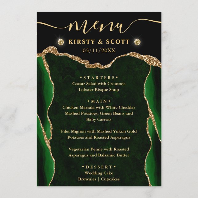 Menú Elegante Verde y Dorado Falso Brillo Ágata Boda (Anverso)