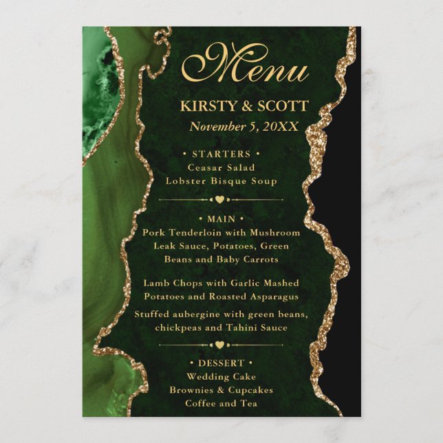 Menú Elegante Verde y Dorado Falso Brillo Agata Boda (Anverso)