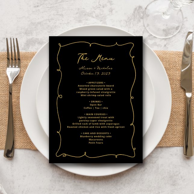 Menú Elegante Vintage Whimsical Black and Gold Boda (Subido por el creador)