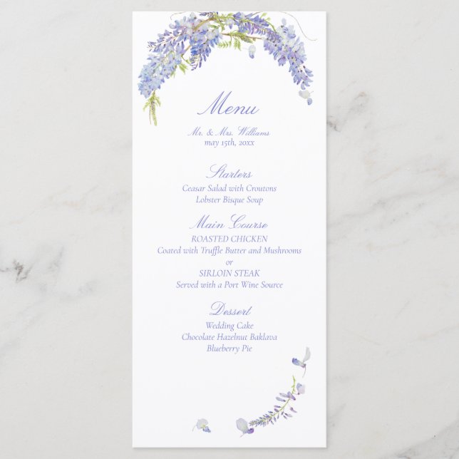 Menú Elegante Wisteria Morada Boda de escritura botánic (Anverso)