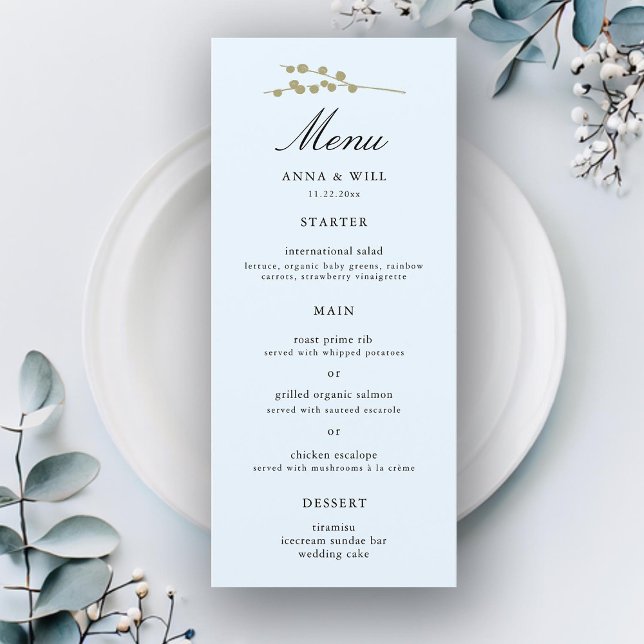 Menú Elegante y clásico Ice Blue Winter Wedding (ice blue winter wedding menu gold botanical elegant modern classic simple romantic classy feminine)