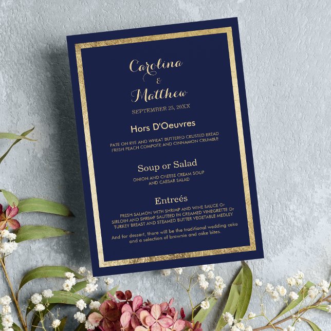 Menú Elegante y elegante Boda de imitación de oro azul  (Elegant stylish navy blue faux gold Wedding Menu)