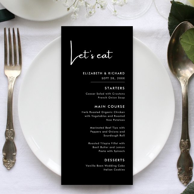 Menú Elegante y Moderno Comida de Boda en Blanco y Negr (Elegant modern black and white lets eat wedding menu adds charm while guiding your meal)