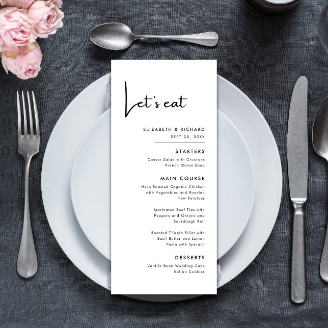 Menú Elegante y Moderno Comida de Boda en Blanco y Negr (Elegant modern black and white lets eat wedding menu adds charm while guiding your meal flow)