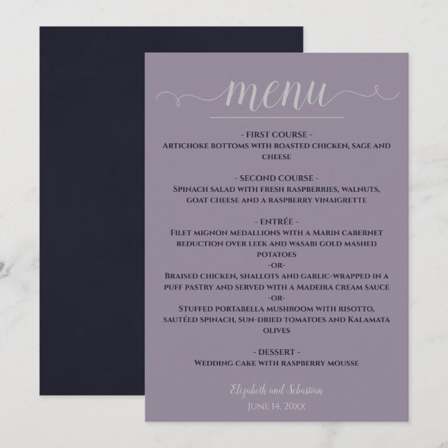 Menú Elegante y simple azul de la marina en un Boda mor (Anverso / Reverso)