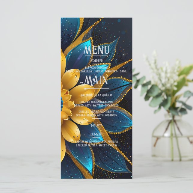 Menú Elegante zafiro y Boda floral de oro (Anverso de pie)