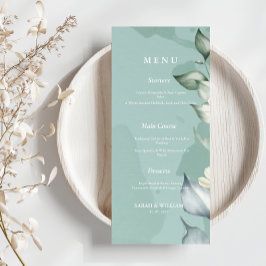 Menú Elegantes hojas de color de agua verde | Blanco
