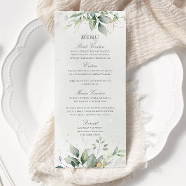 Menú Elegantes hojas de eucalipto Verde dorado Boda