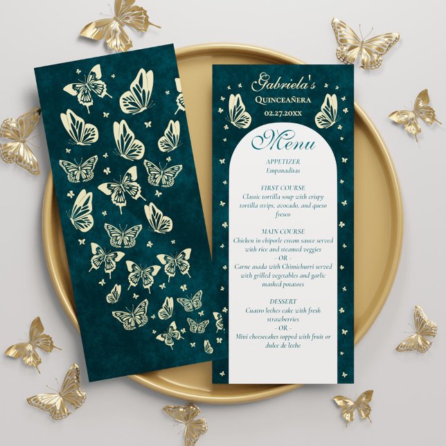 Menú Elegantes mariposas de oro verde esmeralda Quincea (Elegant Emerald Green Gold Butterflies Quinceañera Menu)