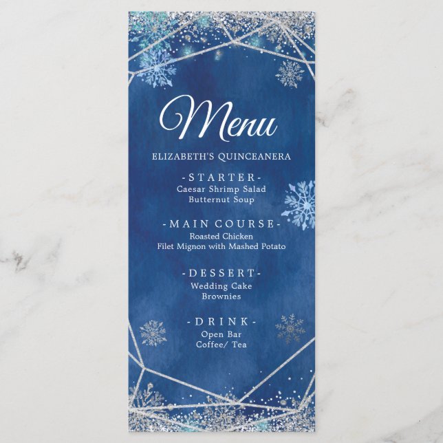 Menú Elegantes Navidades de plata de la marina con copo (Anverso)