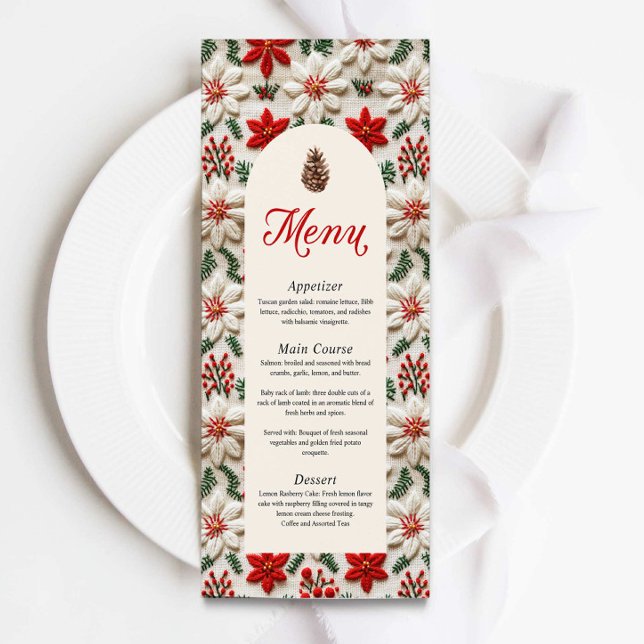 Menú Elegantes Navidades Fiesta Red Floral (Christmas Dinner Party Menu Card)