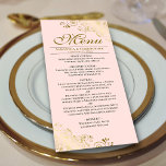 Menú Elegantes rizos dorados y Boda rosa Rubor Swirls<br><div class="desc">Este bonito menú le dará un toque de elegancia a la recepción de bodas. Presenta un bonito diseño con unos adornos de Relieve metalizado dorados y unos remolinos sobre un fondo de color rosa pálido. Hay espacio para los nombres de la pareja y la fecha del boda, y el texto...</div>