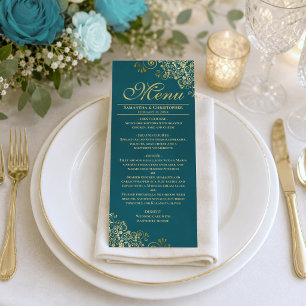 Menú Elegantes rizos y espirales dorados en boda azul v