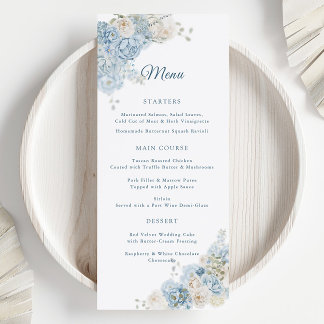 Menú Elegantes Rosas Acuarela Florales Azules para Boda