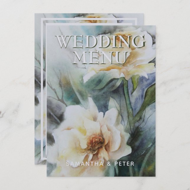 Menú Elegantes Rosas de acuarela Cream y Sage Green (Anverso / Reverso)