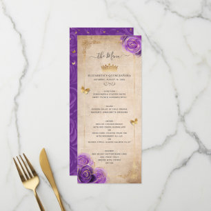Menú Elegantes Rosas de Acuarela en Oro y Púrpura Flora