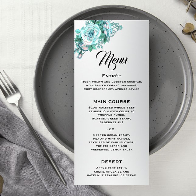 Menú Elegantes Rosas de Aqua en Boda plateado (Subido por el creador)