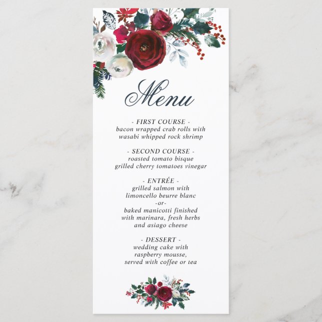 Menú Elegantes Rosas de Borgoña Boda de Verdor de Invie (Anverso)