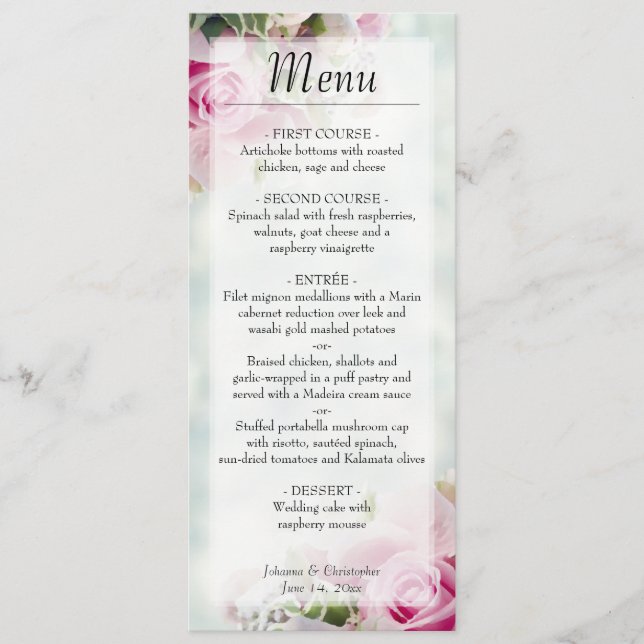 Menú Elegantes Rosas de flores rosadas y Boda Peony Bud (Anverso)